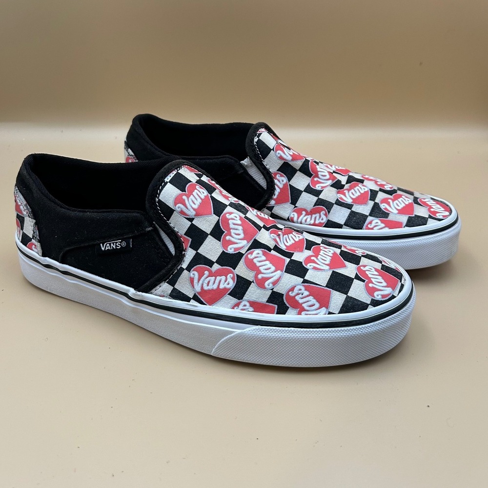 Vans Slip-On Checkerboard Heart Print Sneakers - Black/Red